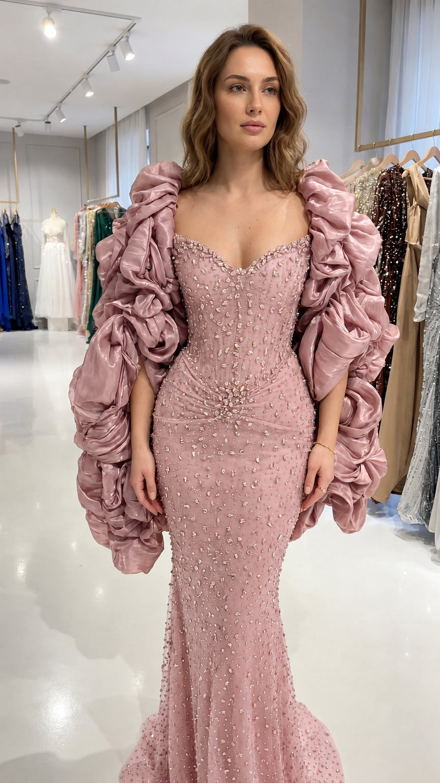 Dusty pink sweetheart embellished mermaid evening gown with voluminous ruffle sleeves on model front view