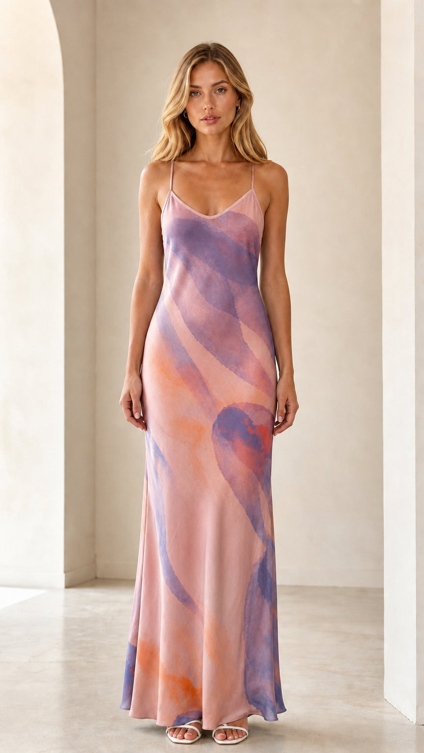 Model wearing blush pink and lilac abstract print satin slip maxi dress