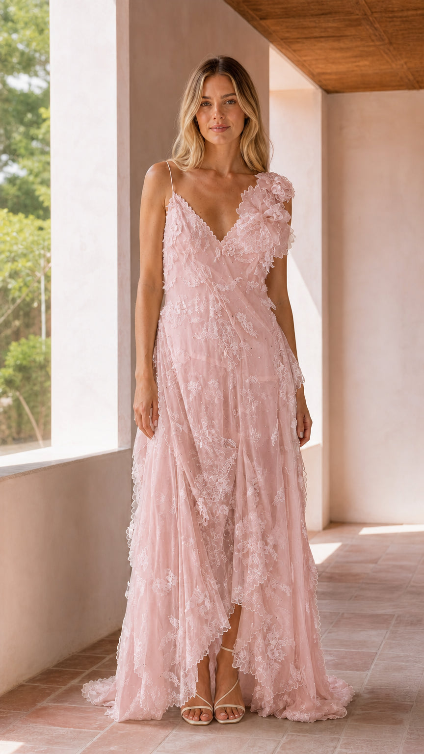Front full-length view of blush pink floral lace tiered evening maxi dress