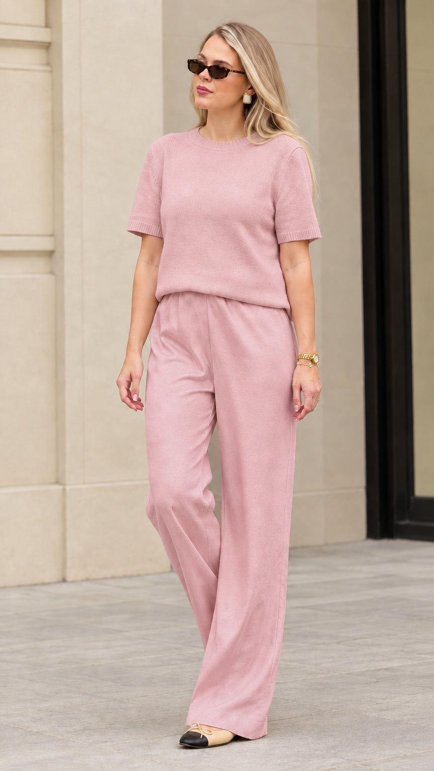 Women's dusty pink textured knit short sleeve top and wide leg trouser set