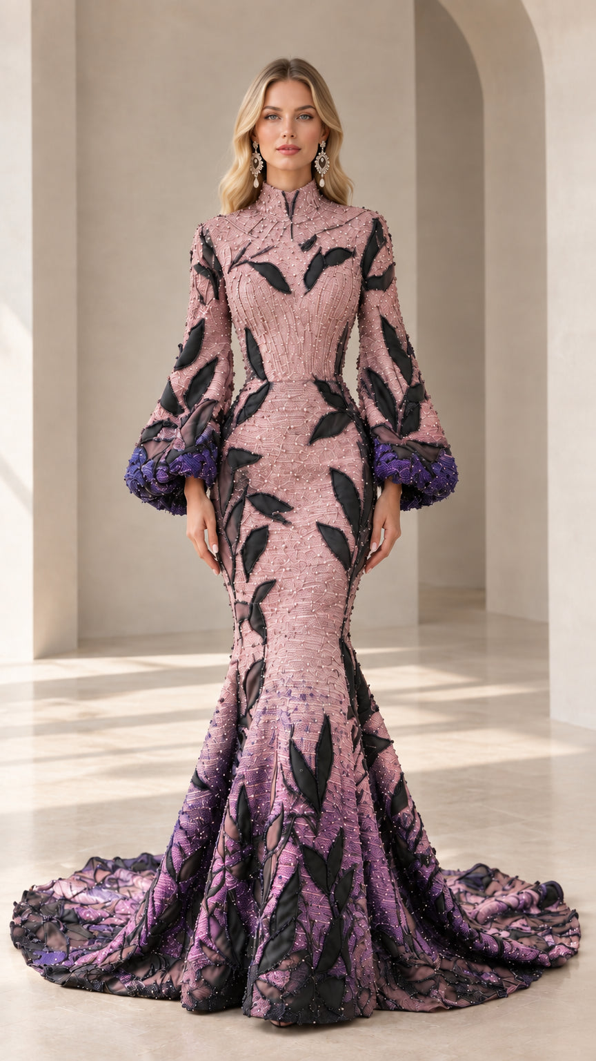 Dusty rose and lilac ombré beaded high-neck lantern sleeve mermaid gown