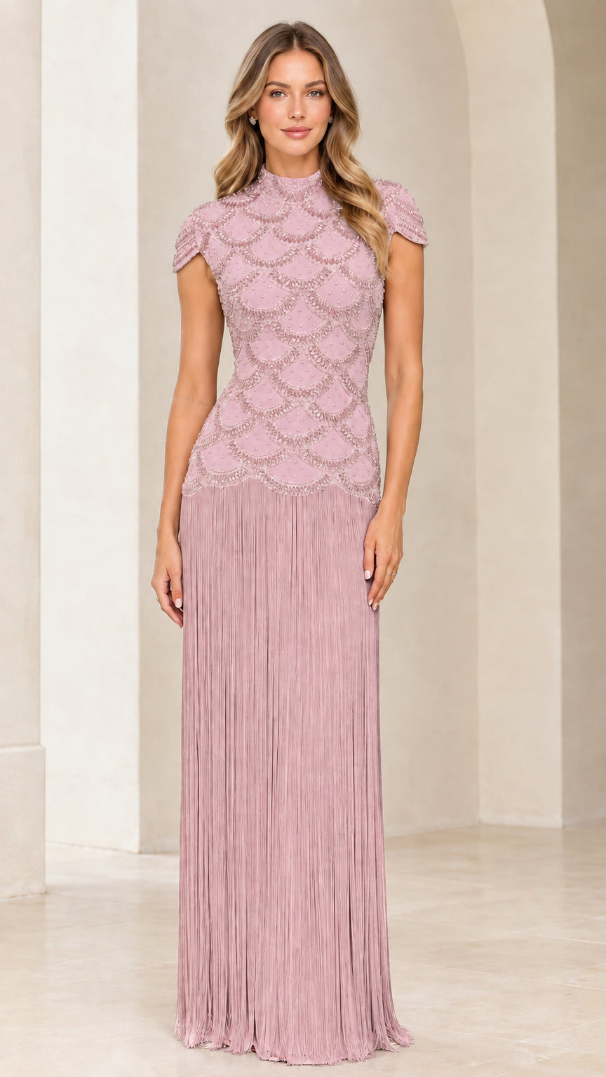 Full front view of dusty rose beaded mock neck fringe evening gown