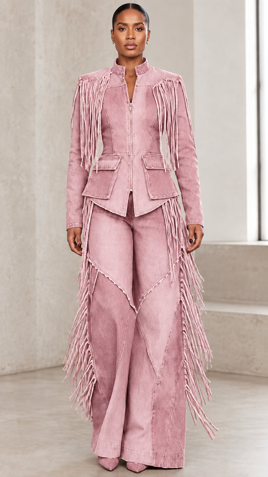Full front view of dusty pink denim fringe jacket and wide-leg trousers set