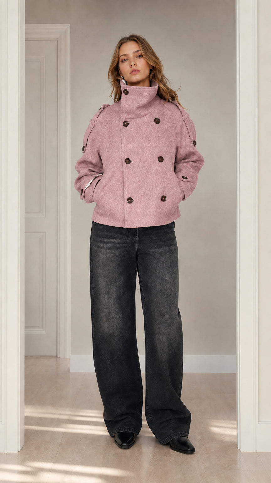 Front view of woman wearing dusty pink double-breasted stand collar short wool coat