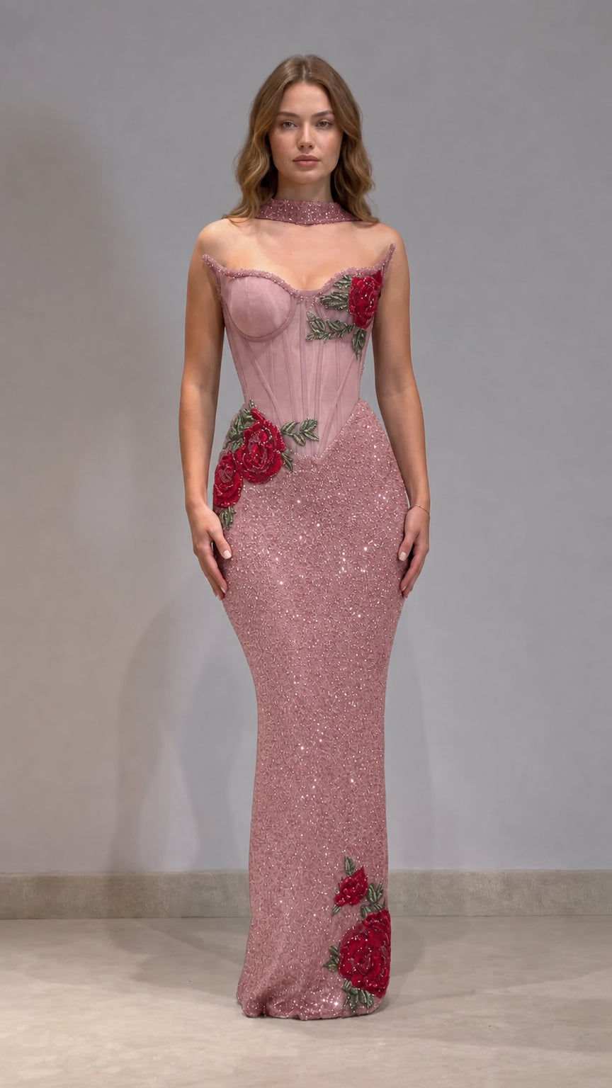 Dusty pink corset sequin mermaid evening gown with red rose appliques and choker