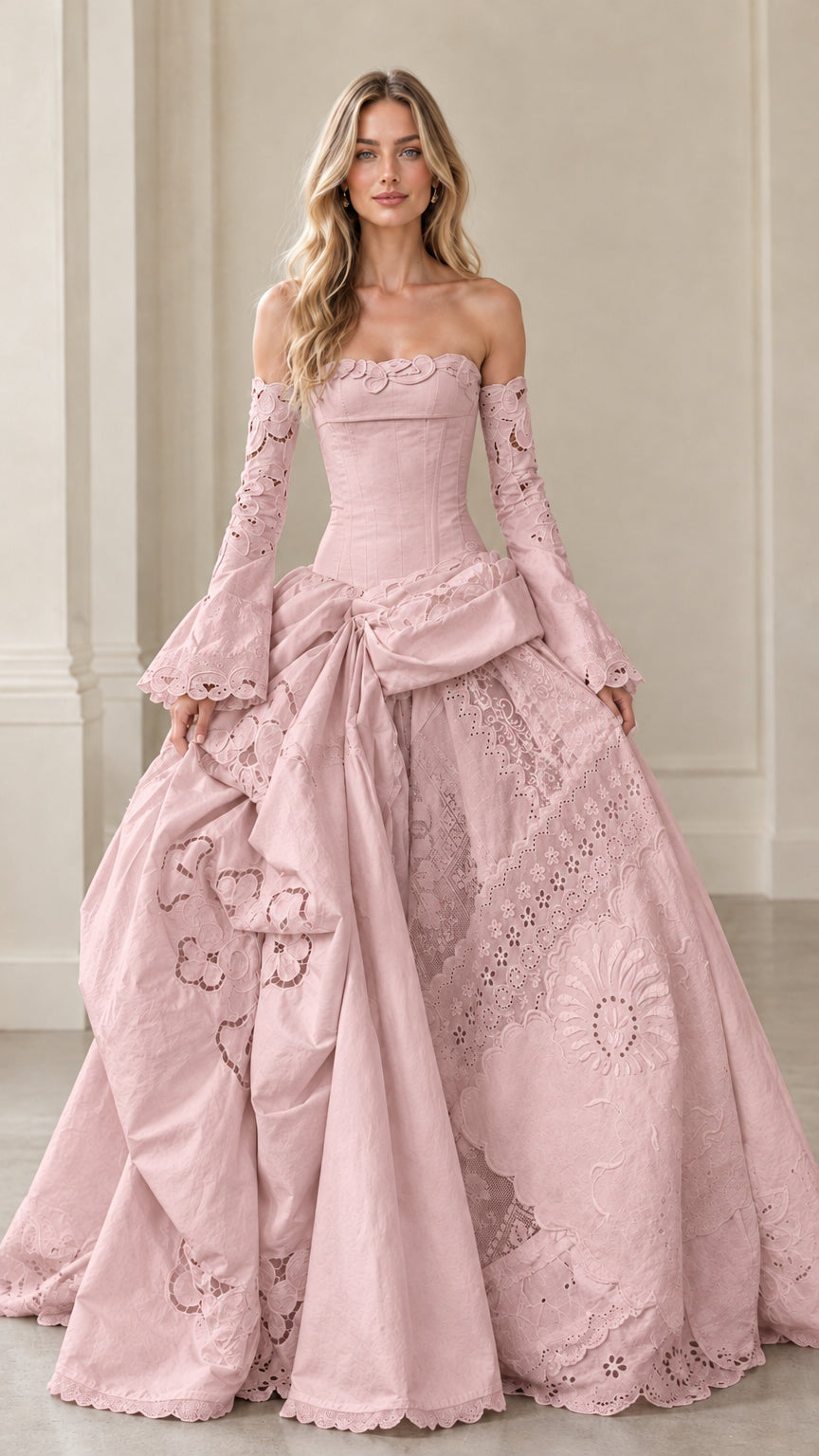 Front view of dusty pink corset ball gown with romantic bell sleeves