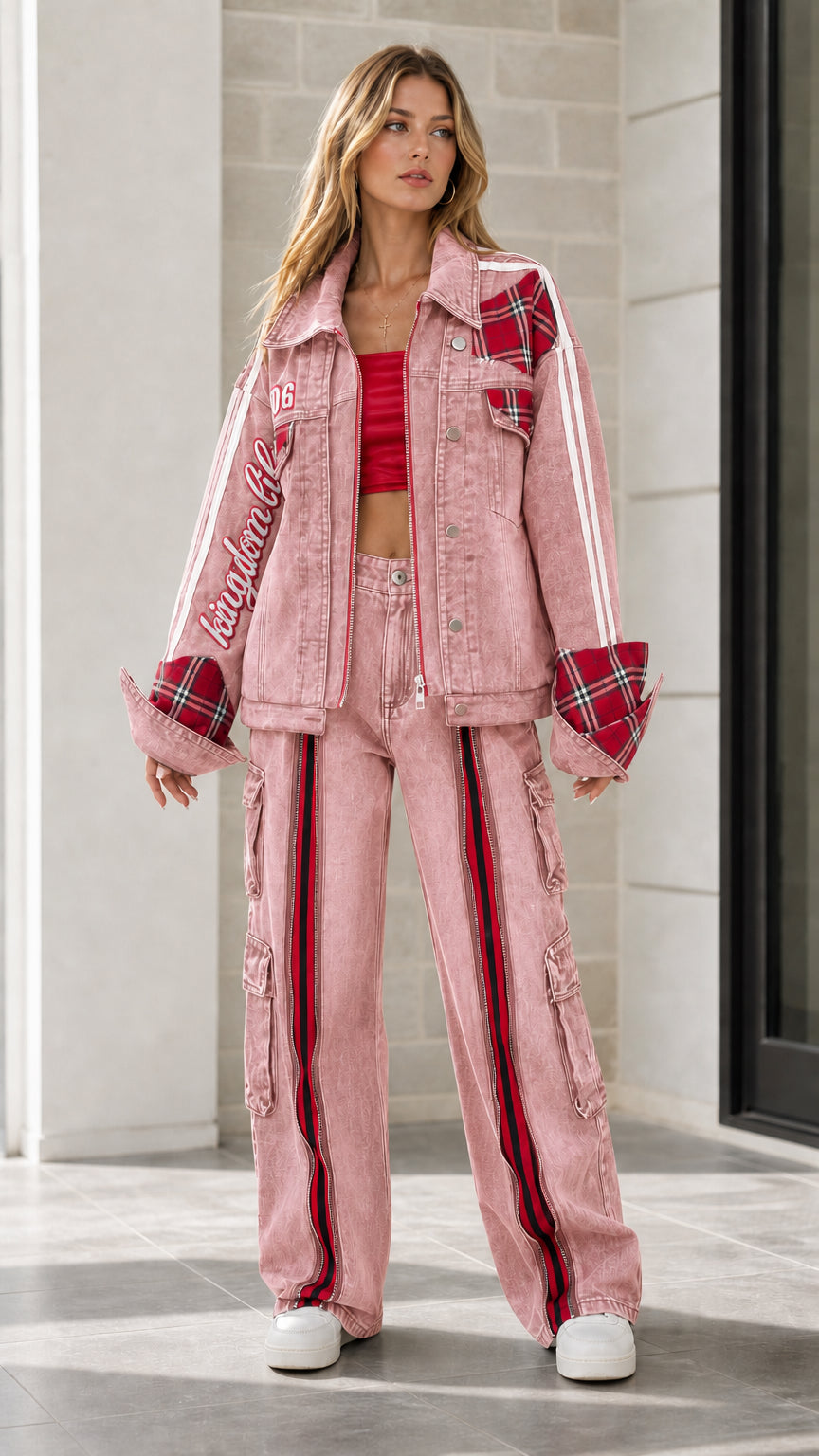 Model wearing Dusty Pink plaid patchwork denim jacket and cargo pants two-piece set