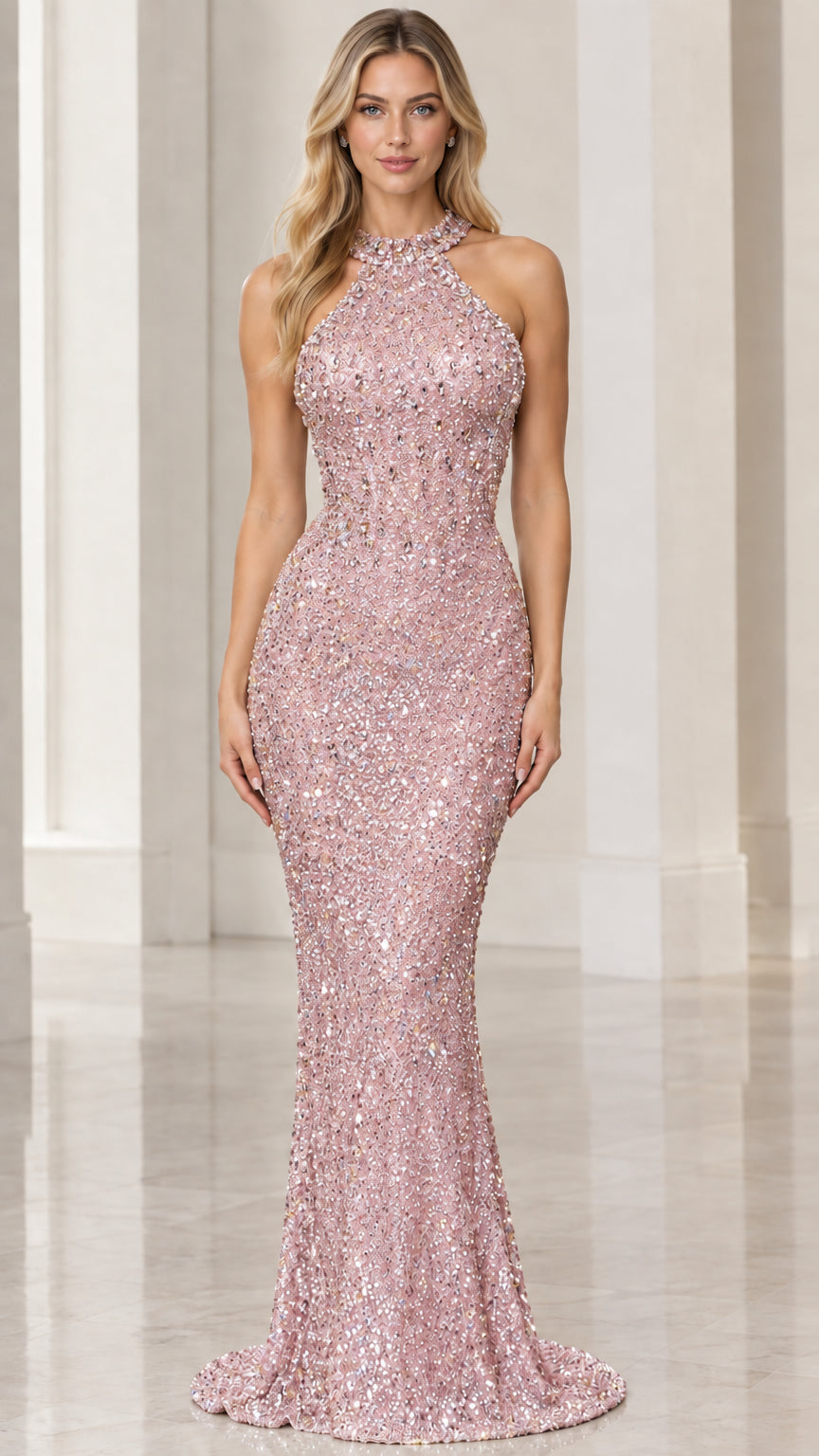 Front view of blush pink sequin halter mermaid evening dress