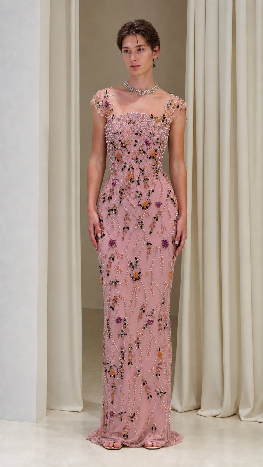Dusty pink embellished column evening dress