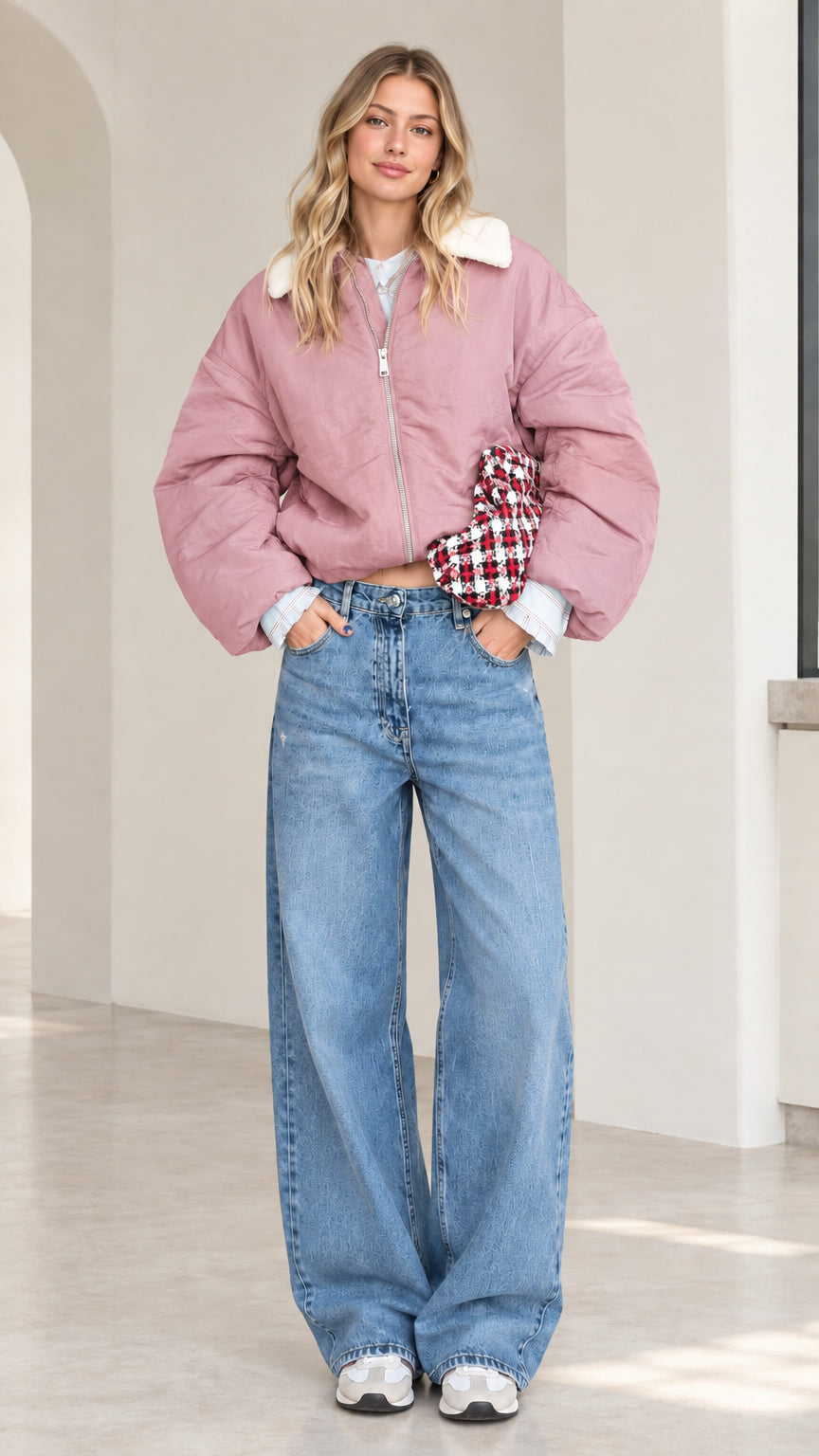 Full-length front view of model wearing dusty pink cropped puffer jacket with white fleece collar