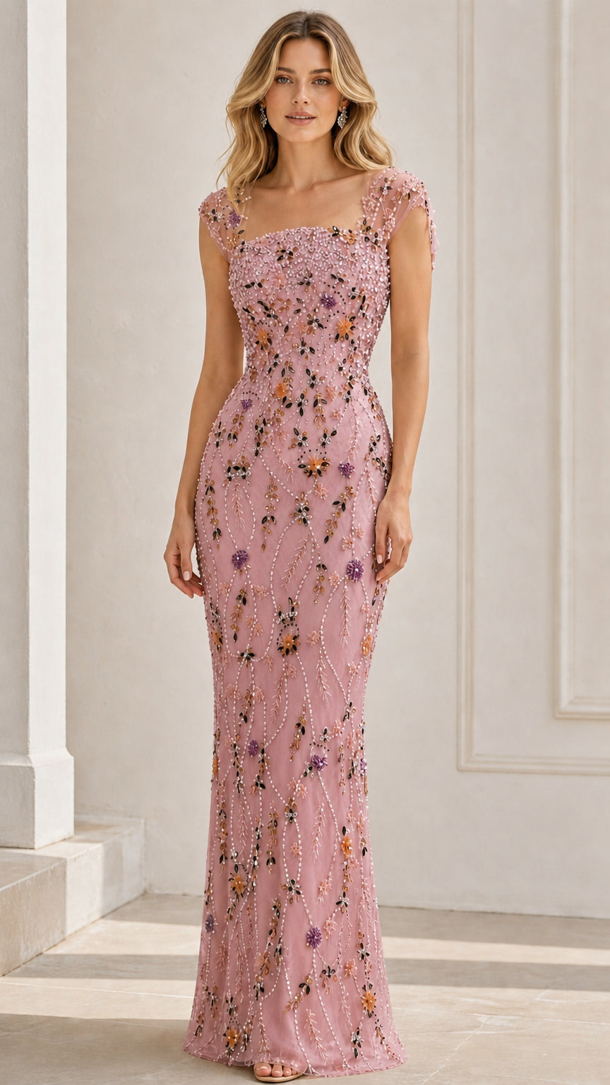 Front view of blush pink floral beaded column maxi gown with cap sleeves