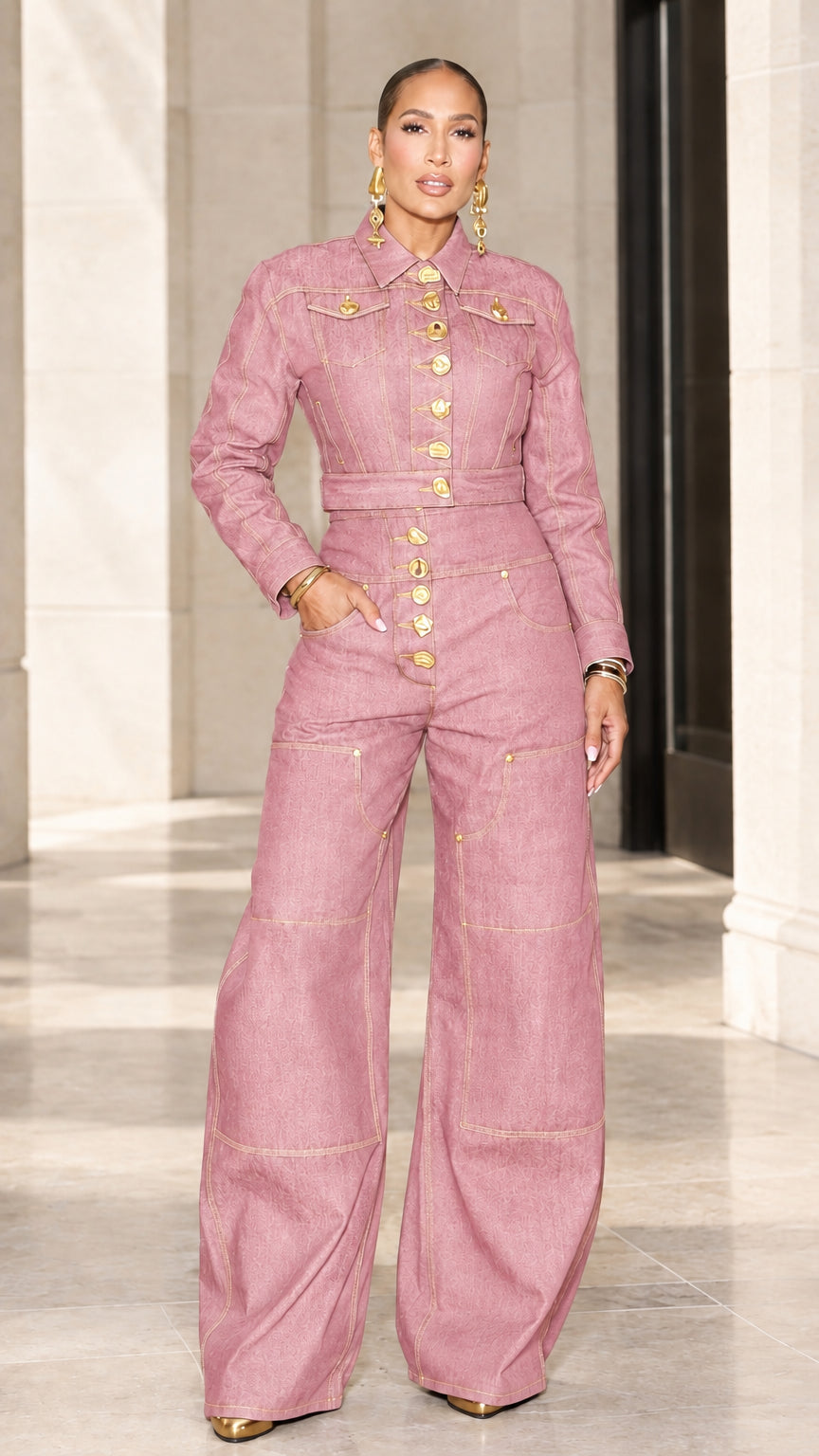 Dusty pink wide leg denim jumpsuit with gold button details