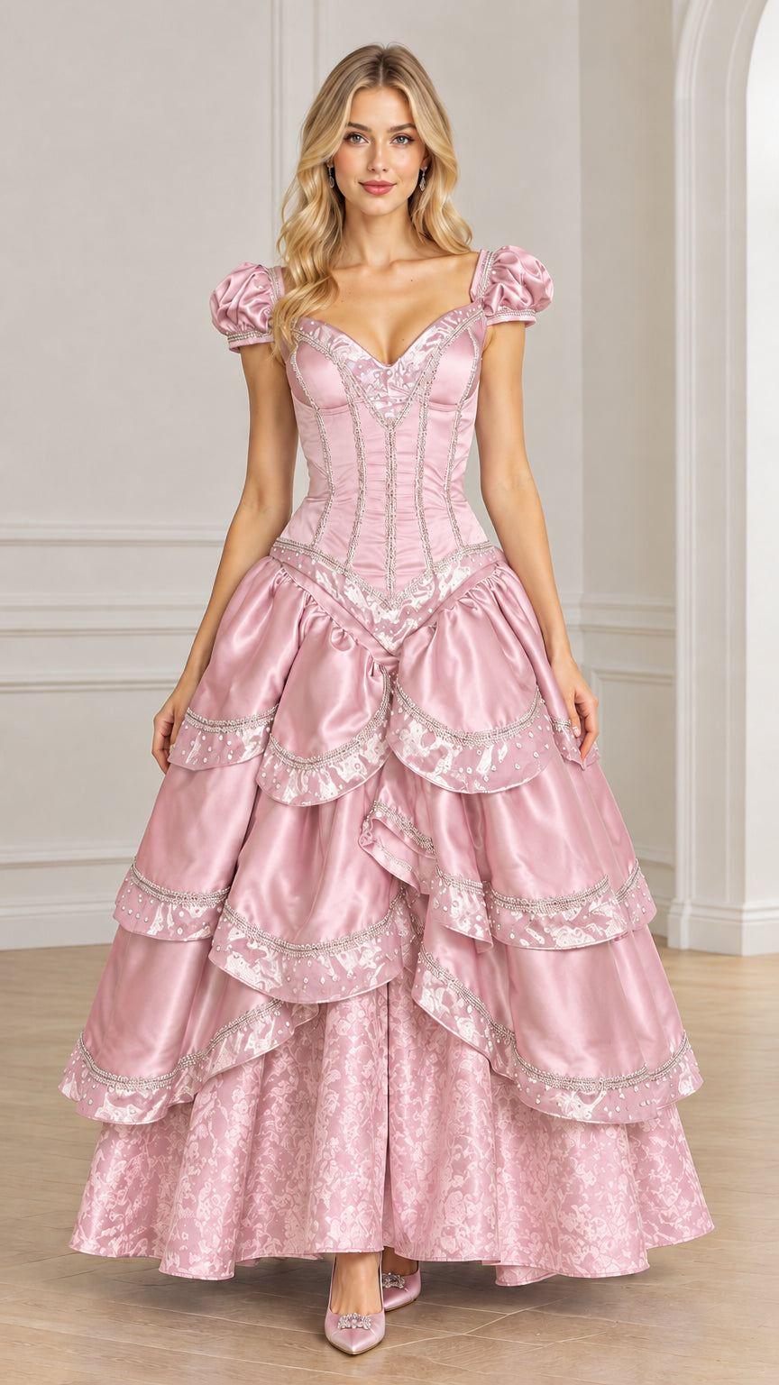 Model wearing pink Victorian corset ball gown with tiered ruffle skirt