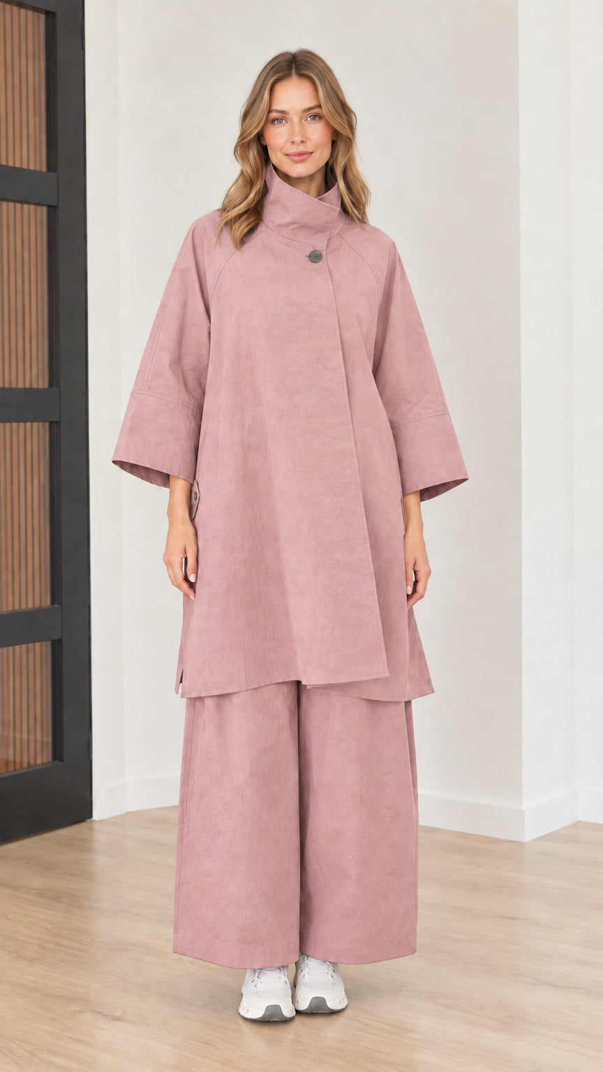 Front full view of women's mock neck tunic top and wide-leg pants two-piece set in dusty rose pink