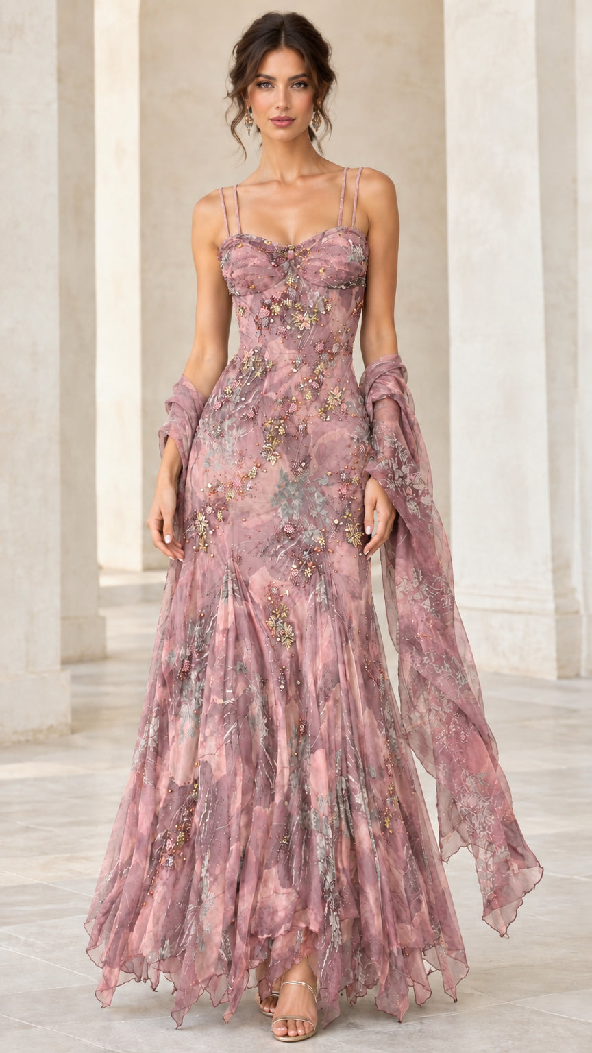 Front view of woman wearing dusty rose pink floral print evening maxi dress with shawl