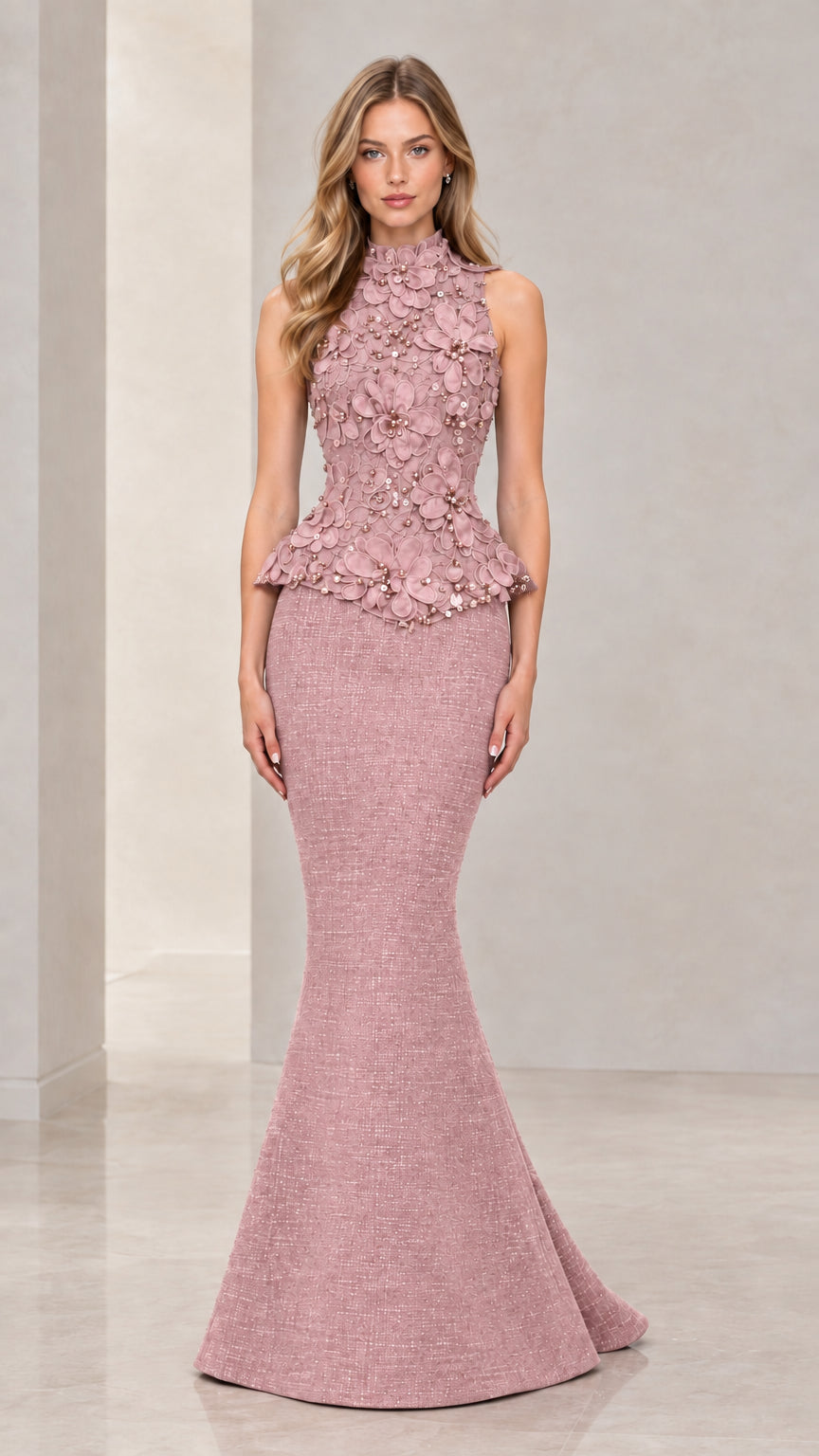 Front view of model wearing Dusty Pink floral appliqué peplum mermaid evening gown