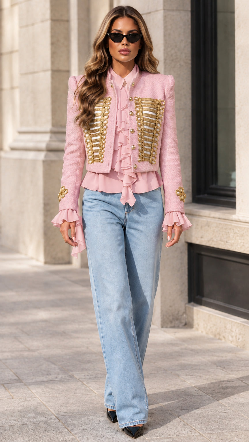 Model wearing soft pink military jacket with gold cord detailing and pink ruffles