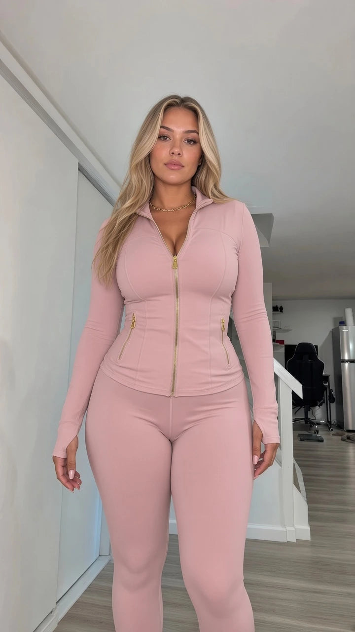 Woman wearing dusty pink fitted full-zip jacket and matching leggings set