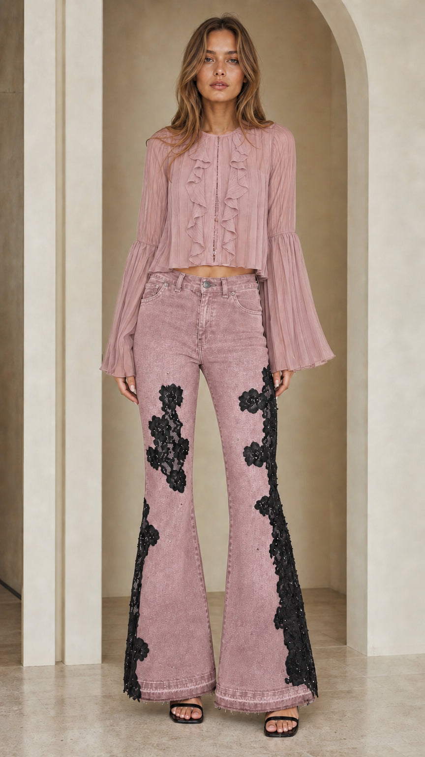 Dusty pink floral lace embellished flare jeans styled with matching top