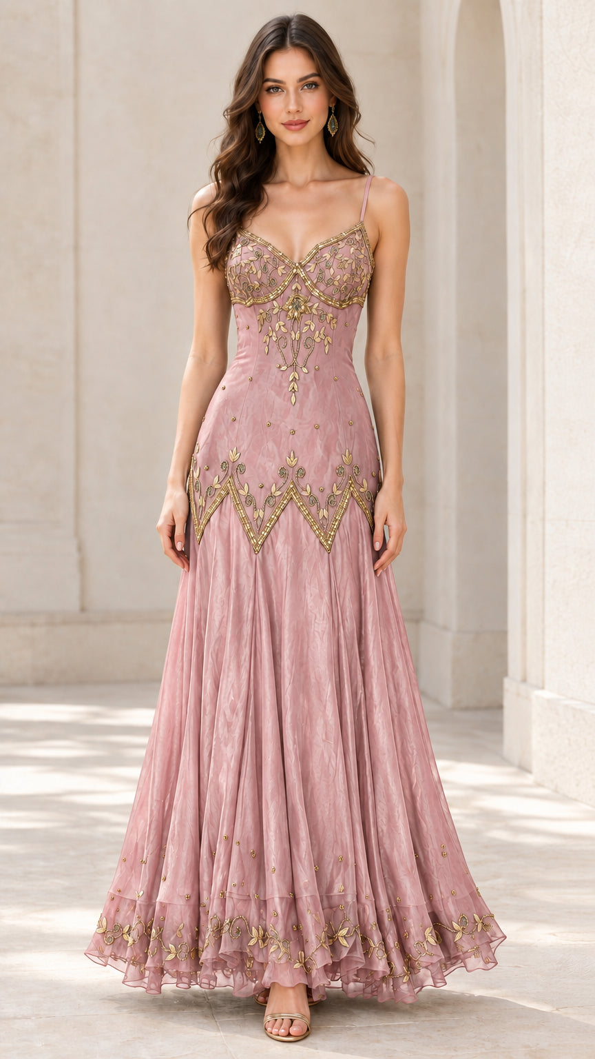 Front view of woman in dusty pink embroidered sweetheart maxi gown