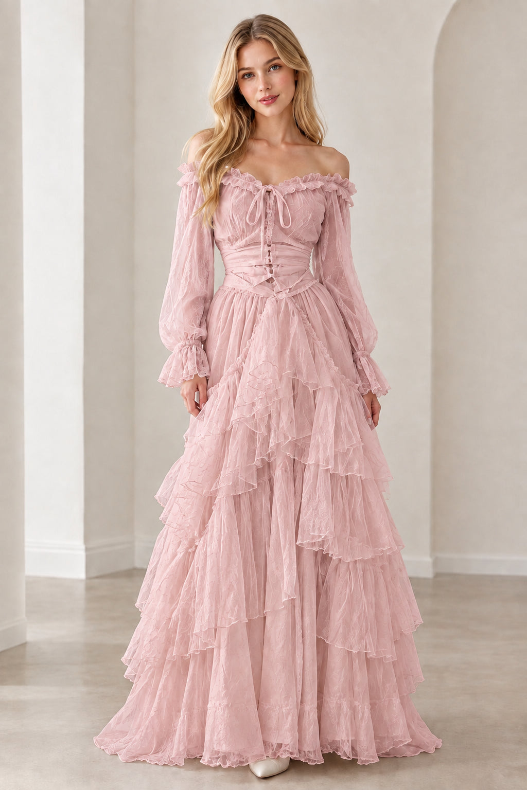 Dusty pink long sleeve ruffled corset gown