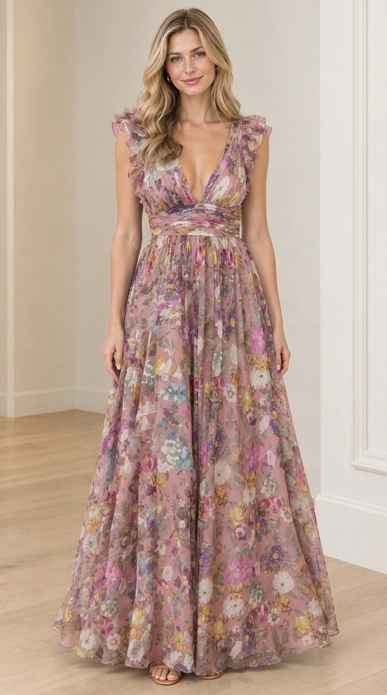 Model wearing pink mauve floral ruffle strap maxi dress