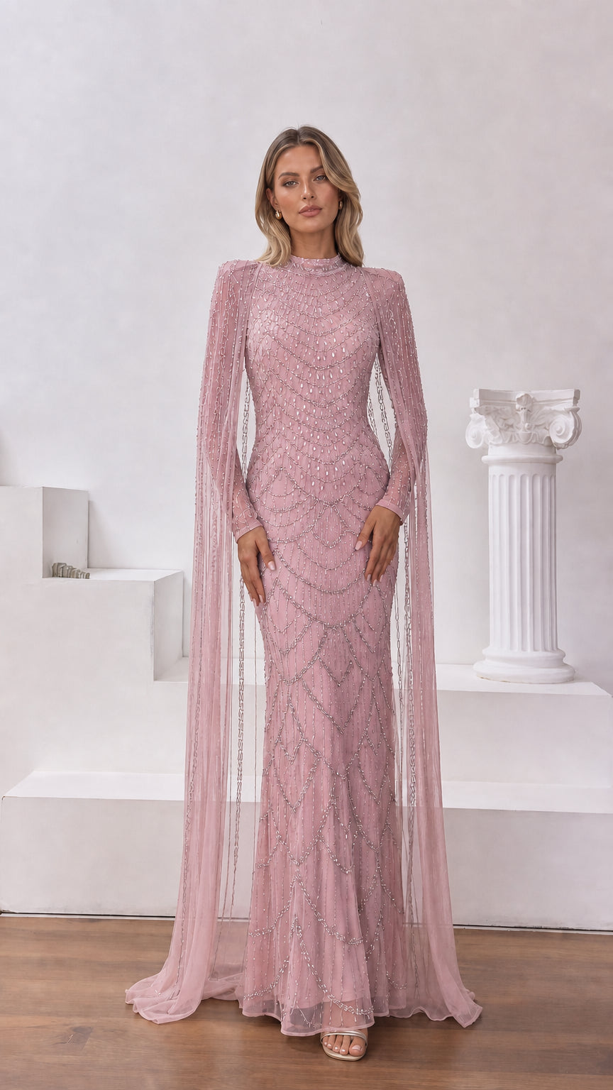 Dusty pink embellished formal maxi dress with floor-length cape sleeve detail