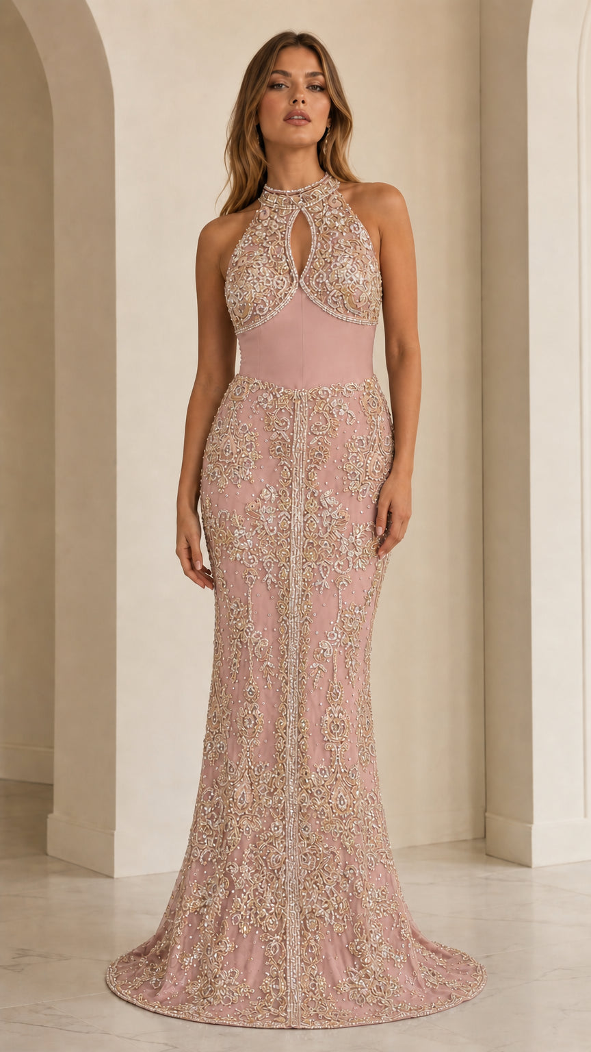 Front view of blush pink embroidered halter evening dress