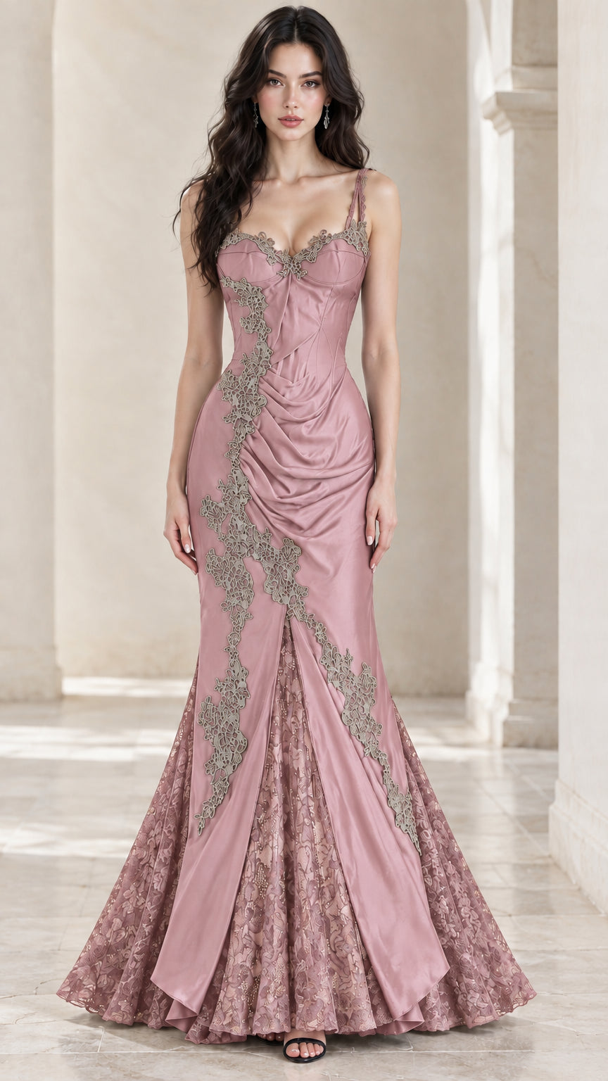 Front view of model wearing Dusty Rose embroidered lace satin mermaid gown