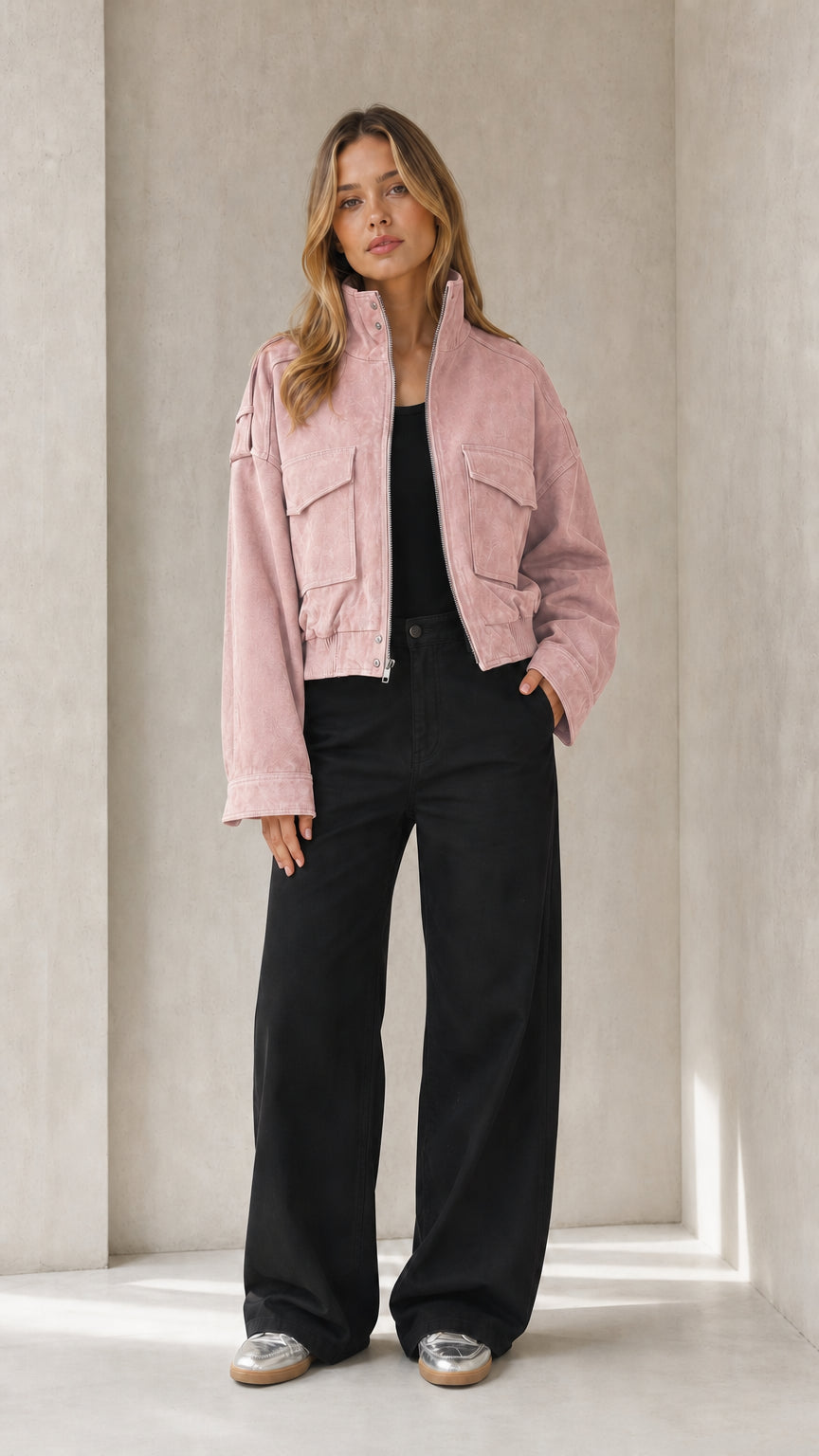 Women's dusty pink cropped utility jacket styled with black wide-leg pants