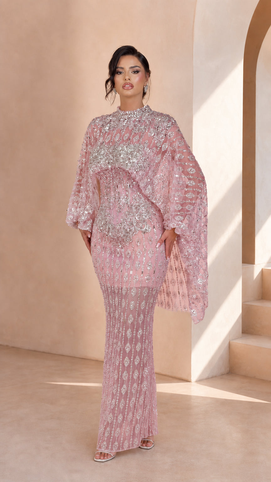 Blush Pink Embellished Cape Sleeve High Neck Formal Evening Gown