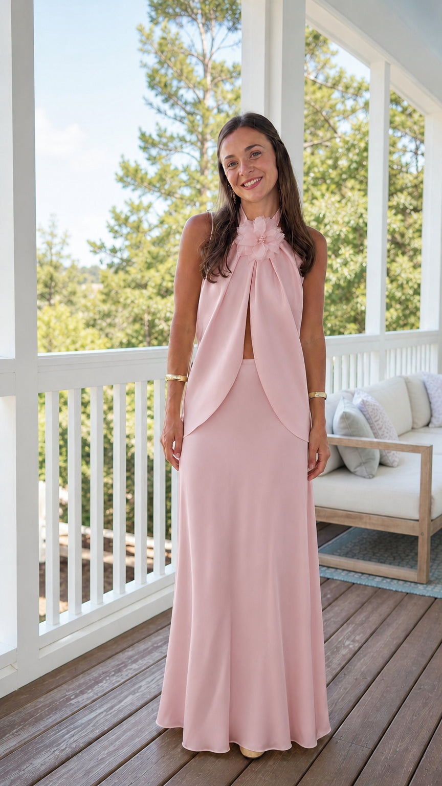 Blush pink floral halter top and flowing maxi skirt set