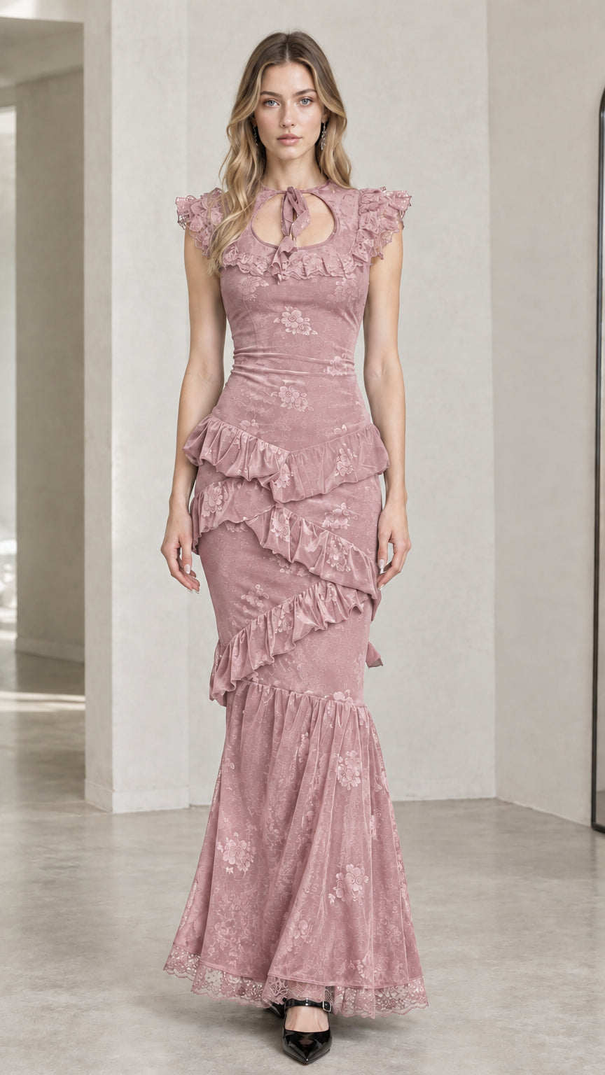 Front full-length view of model wearing dusty pink floral jacquard tiered mermaid maxi dress