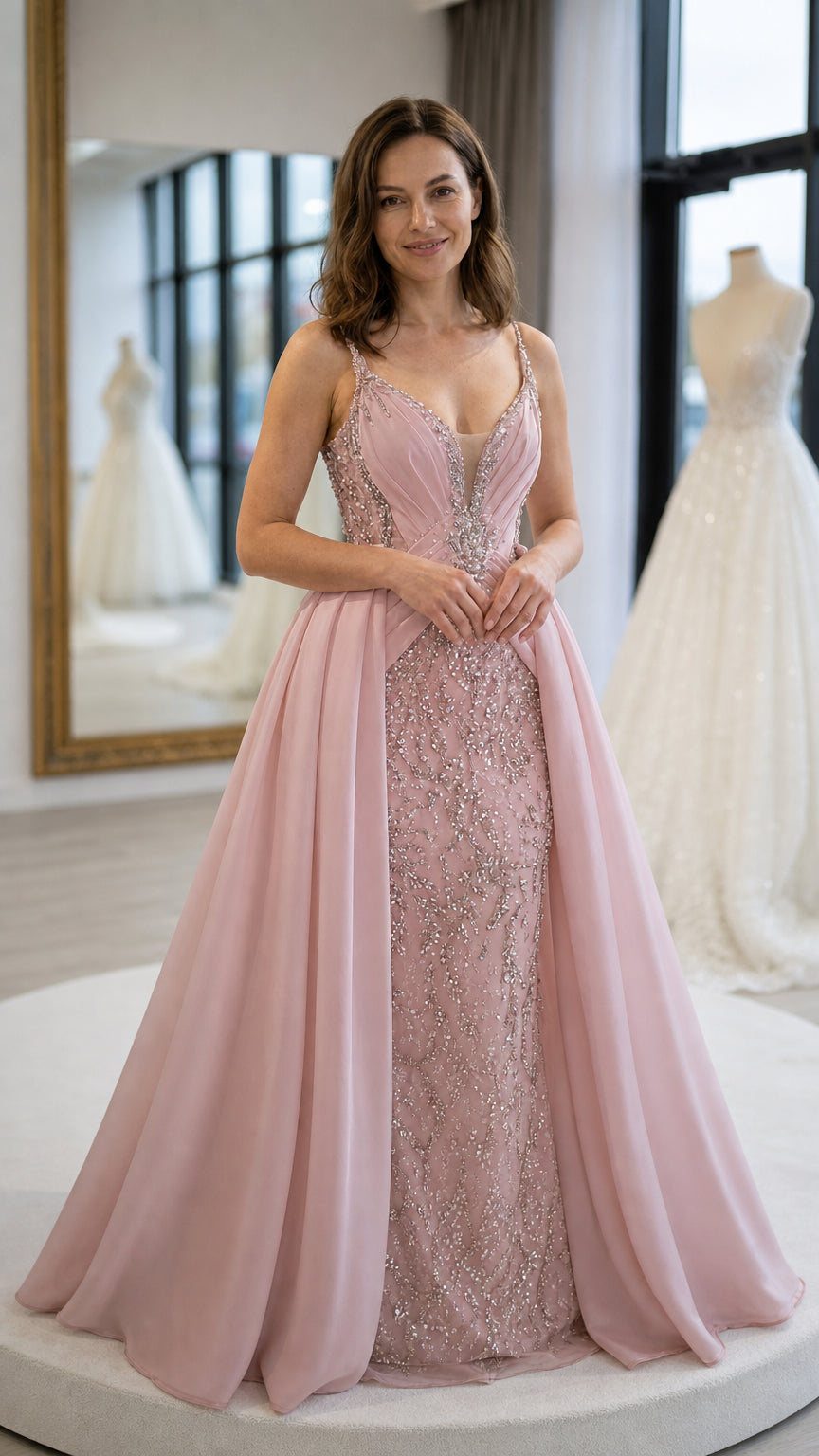 Blush pink beaded formal evening gown with plunging neckline and overskirt