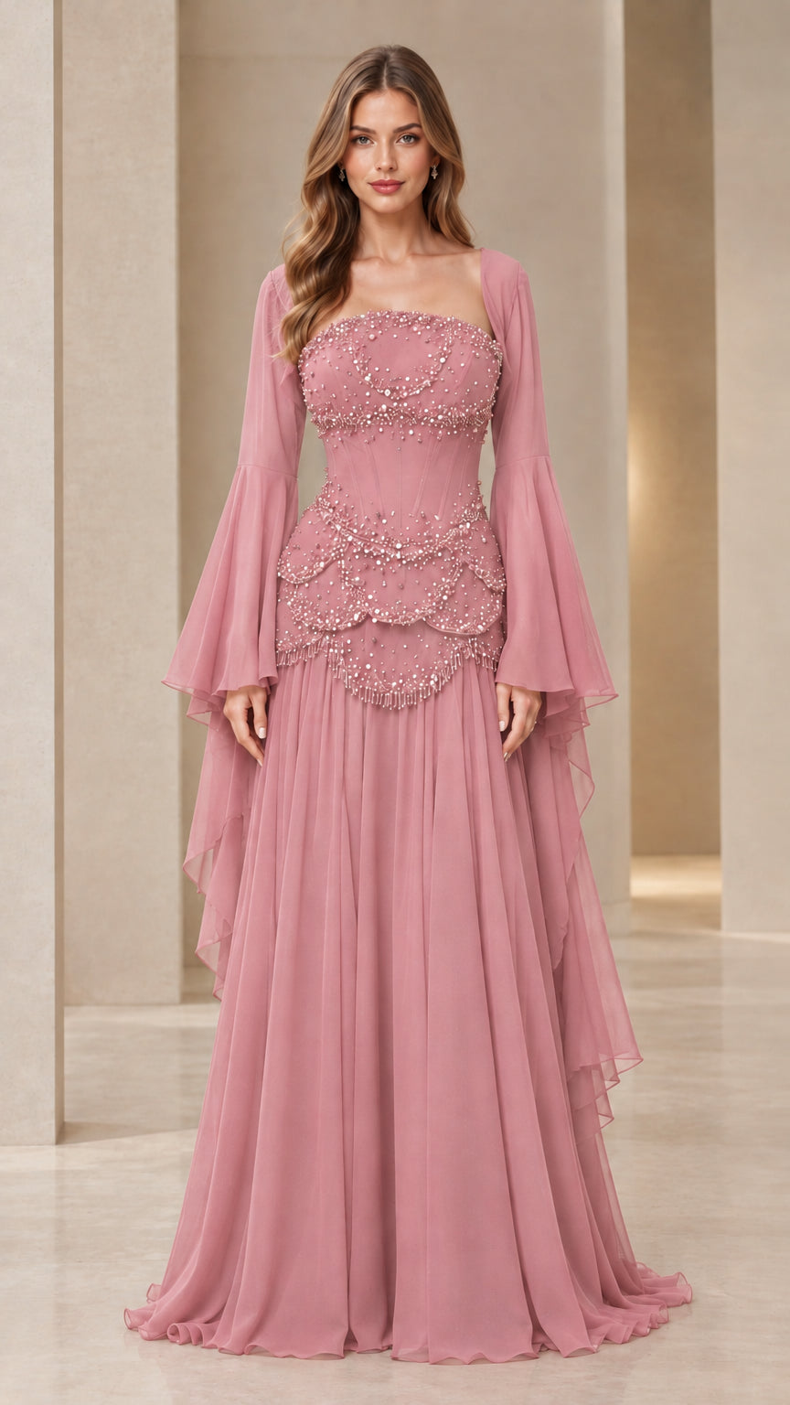 Dusty pink beaded corset evening dress with flared long sleeves and gathered floor-length skirt