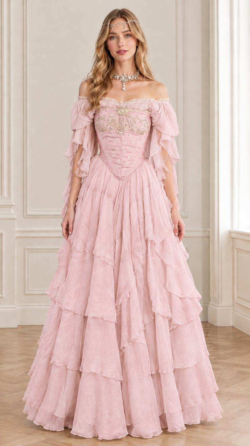 Pink off-the-shoulder Victorian style corset ball gown with tiered ruffles