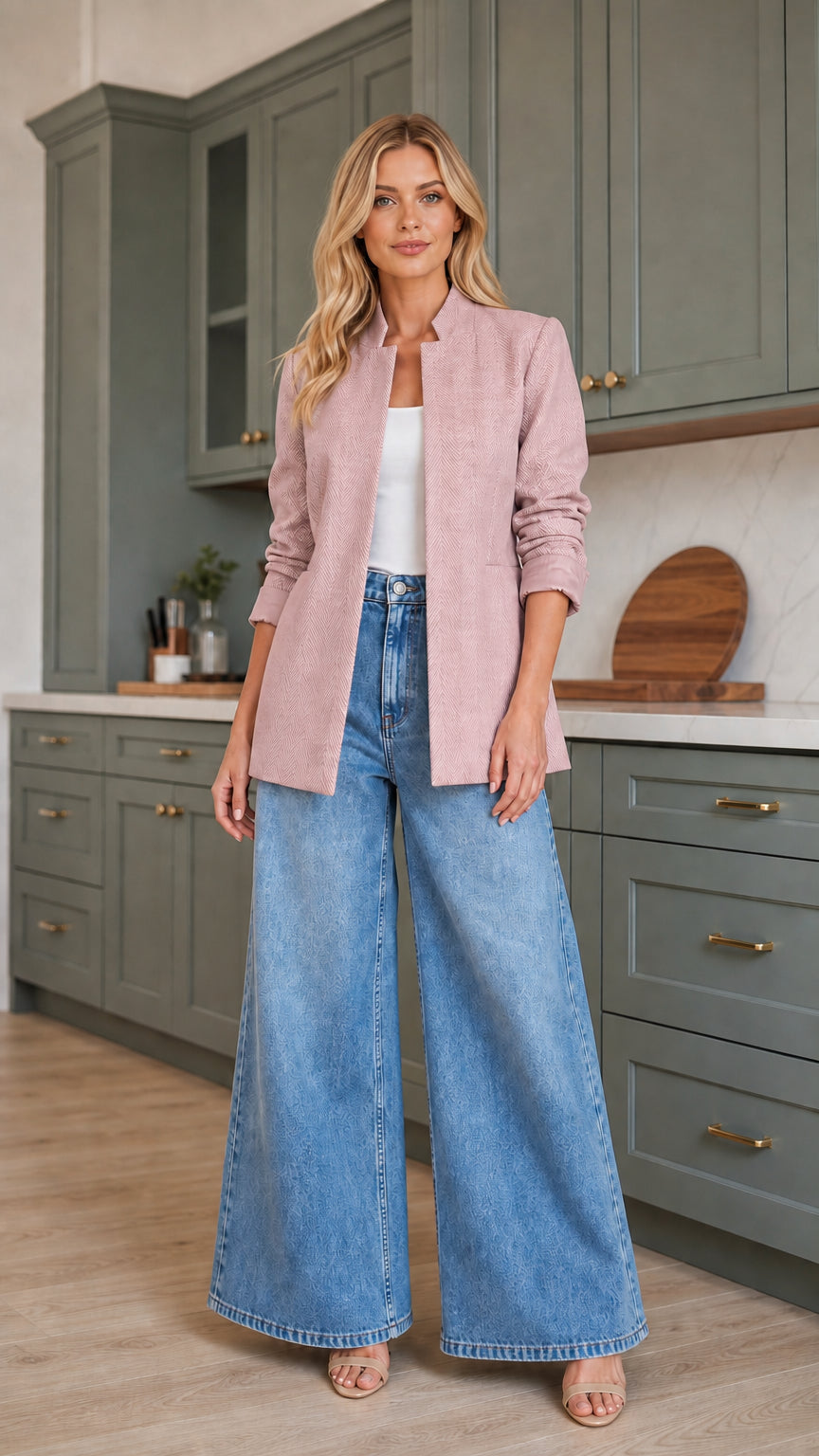 Women's dusty pink stand collar casual open front suit jacket