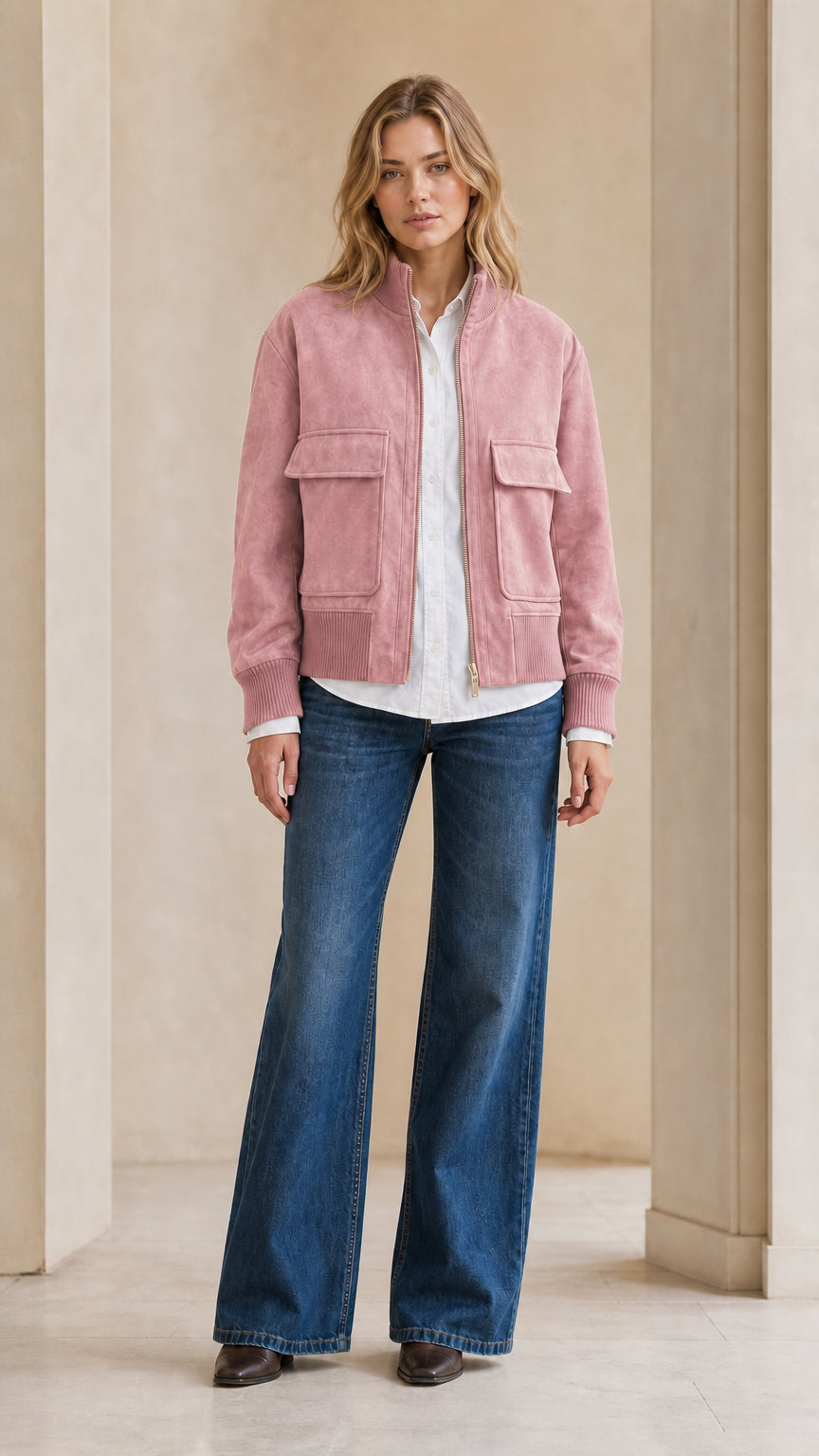 Full front view of model wearing dusty pink faux suede bomber jacket