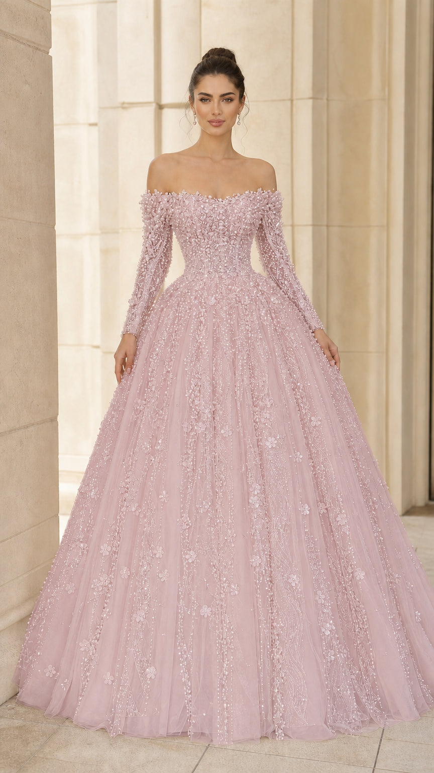 Front view of blush pink long sleeve pearl embellished evening gown
