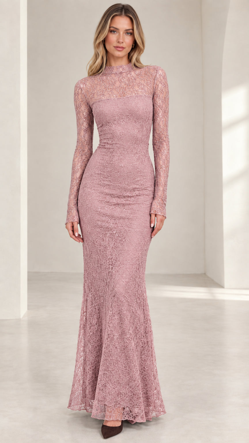 Front view of woman wearing dusty pink high neck long sleeve lace maxi evening gown