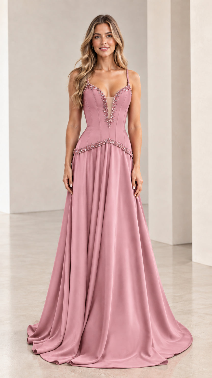 Front view of model wearing dusty pink beaded plunge neckline evening dress