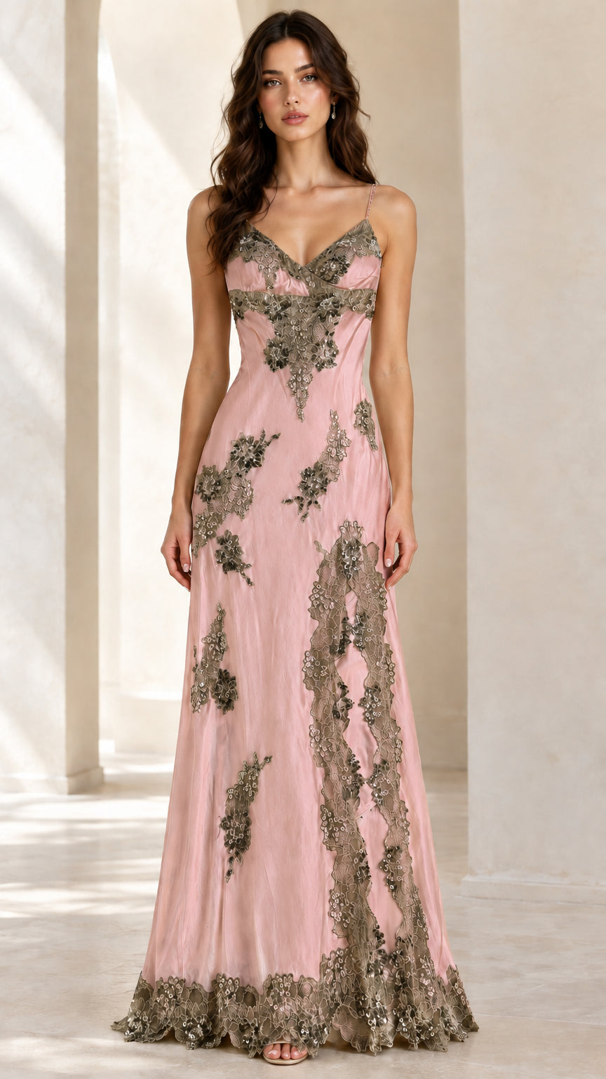 Blush pink satin evening gown featuring ornate sequin lace applique