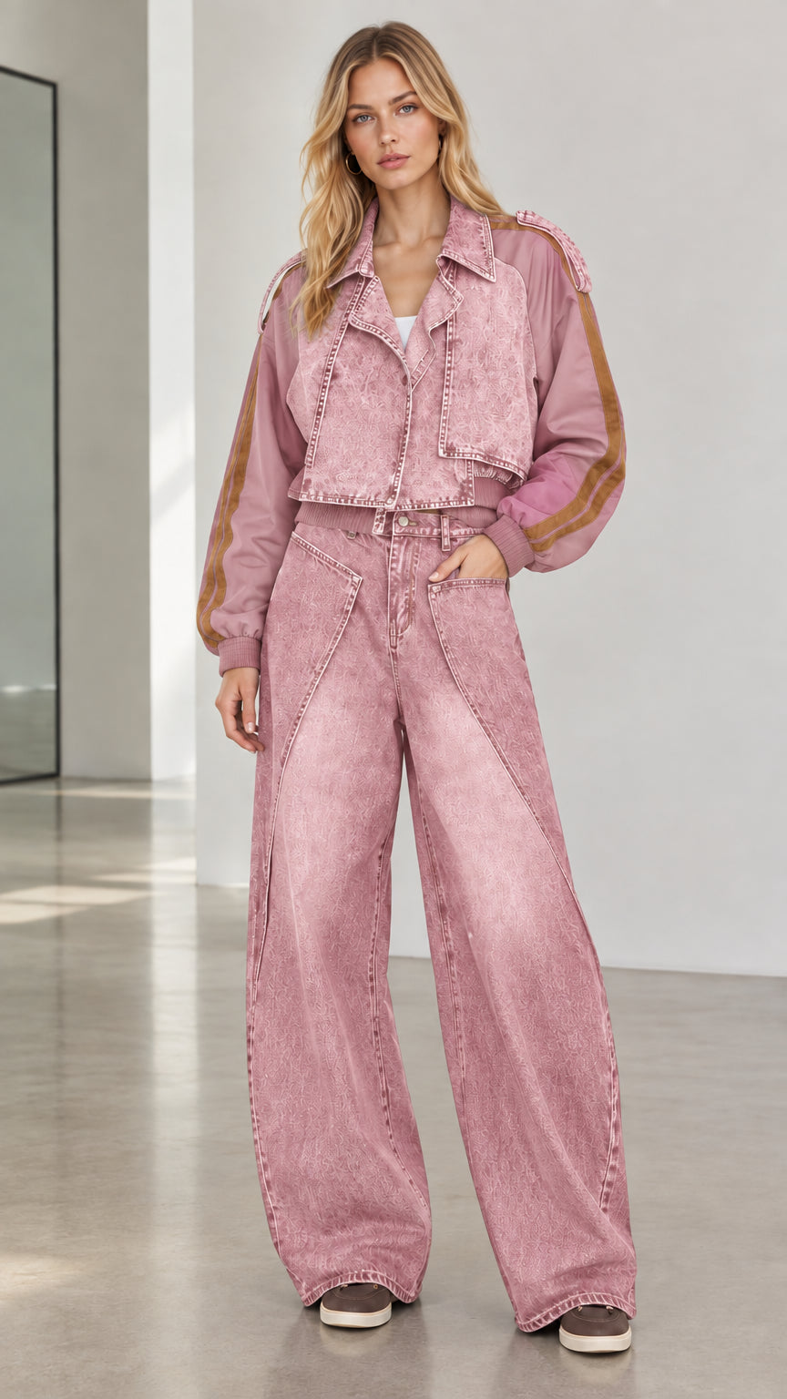 Model wearing dusty pink washed denim cropped jacket and wide-leg pants two-piece set