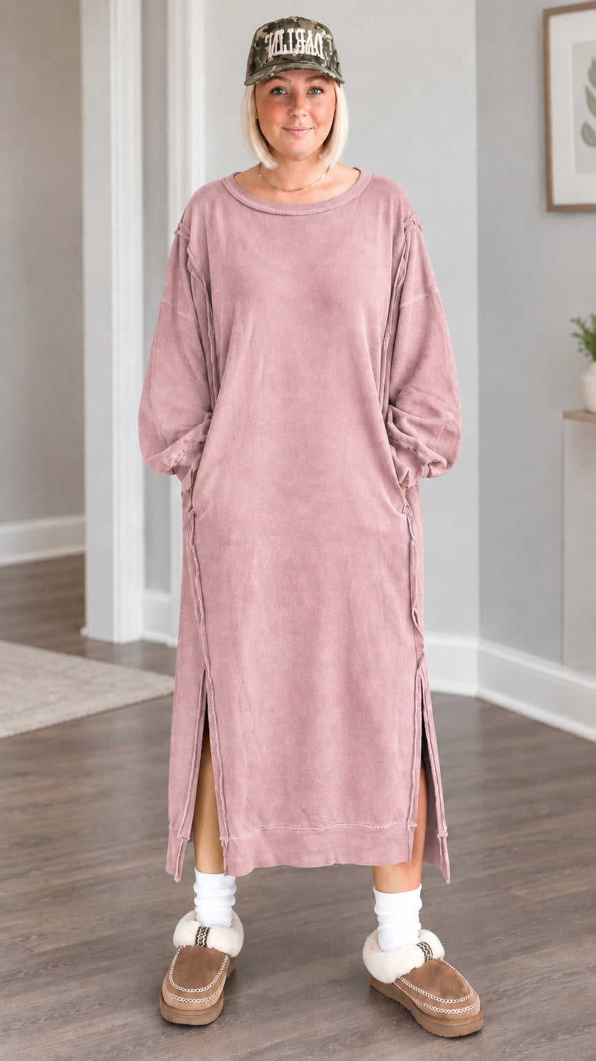 Front full view of the relaxed maxi sweatshirt dress in washed dusty rose