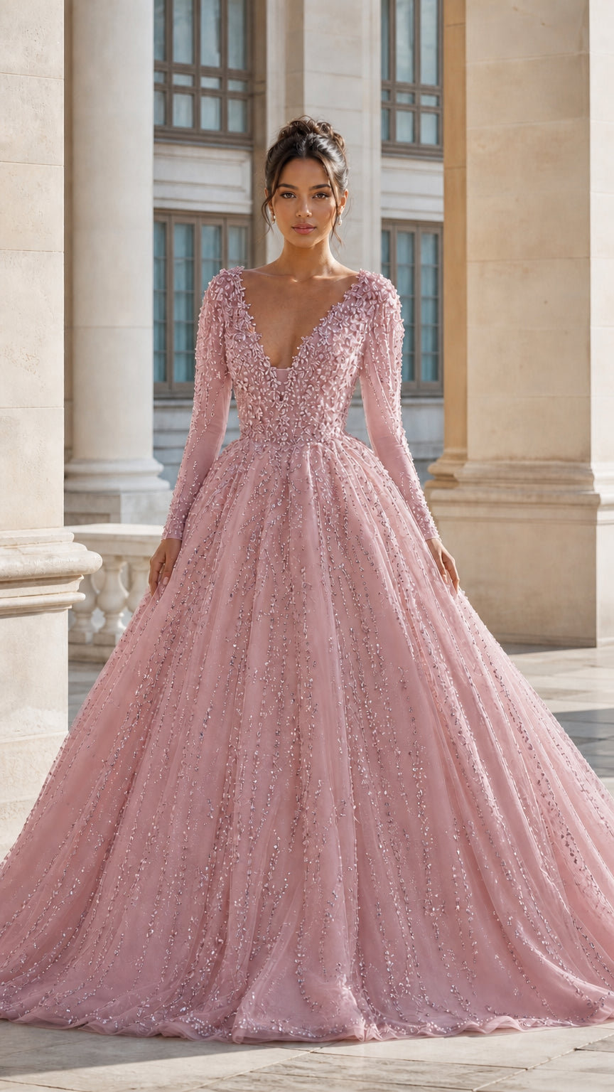 Blush pink long sleeve sparkling embellished tulle formal ball gown
