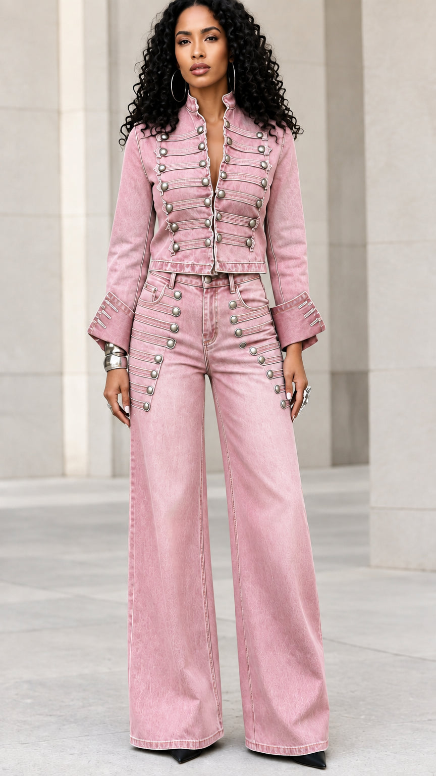 Model wearing dusty pink military cropped denim jacket and wide-leg pants set