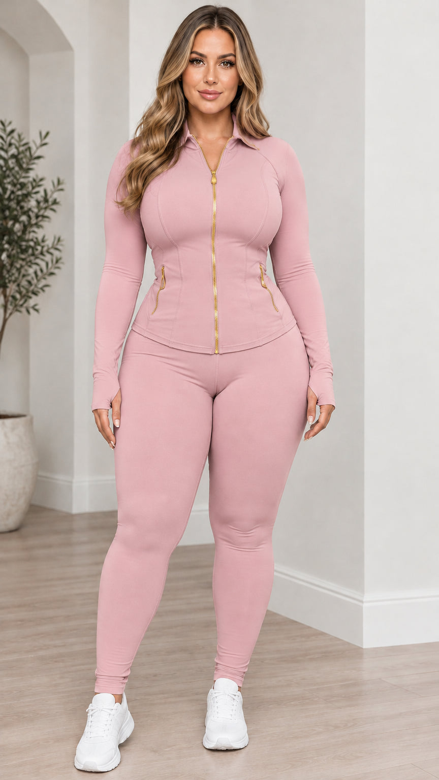 Front view of model wearing dusty pink collared zip jacket and matching leggings set