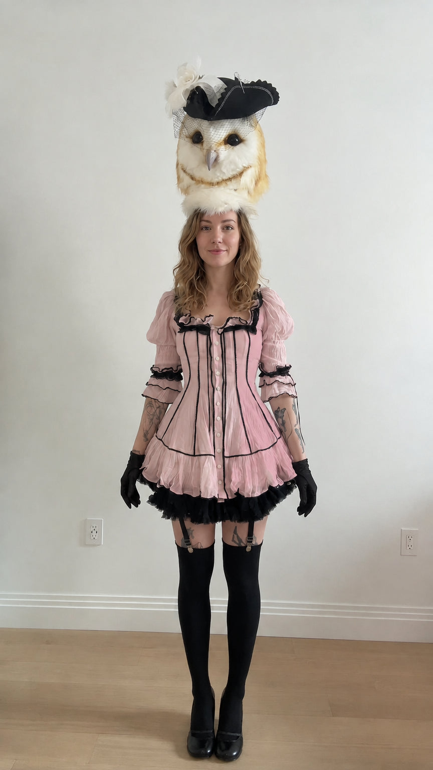 Pink gothic lolita mini dress with black contrast piping and tiered hem