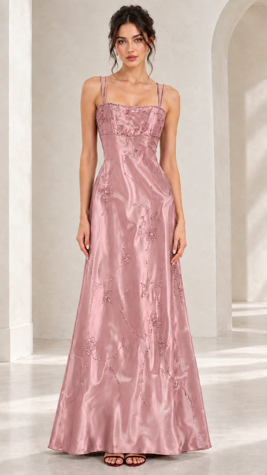 Front view of dusty pink double strap beaded satin floor-length evening dress