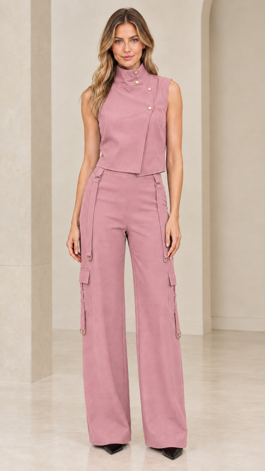 Front view of model wearing dusty pink sleeveless asymmetric vest and wide-leg cargo pants set